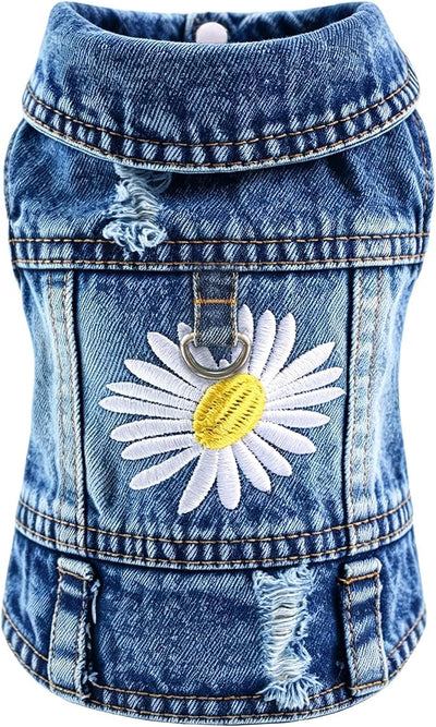 Dog Jean Jacket, Blue Denim Shirt Classic Lapel Vest Coat Costume Puppy T-Shirt, Comfort Tank Top Cool Apparel, Washed Pet Clothes for Dogs Boy Girl (Daisy Bloom with D-Ring, Medium)