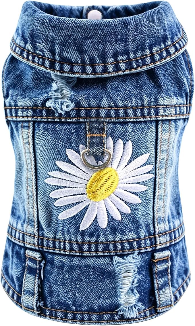 Dog Jean Jacket, Blue Denim Shirt Classic Lapel Vest Coat Costume Puppy T-Shirt, Comfort Tank Top Cool Apparel, Washed Pet Clothes for Dogs Boy Girl (Daisy Bloom with D-Ring, Small)