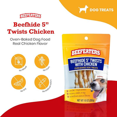 Beefeaters Beefhide 5in Twist Sticks with Real Chicken 10oz - Dog Rawhide Chews for Clean Teeth & Training, High Protein Dog Treat Chews, Chicken Wrapped Rawhide Sticks, No Artificial Colors or Flavor