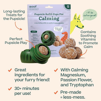Woof Pupsicle Calming Starter Kit - Pupsicle and Calming Pops Bundle - Long-Lasting Interactive Dog Toy, Low-Mess Design - 10 Refills with Thiamine, Tryptophan, Passion Flower for Small Dogs 10-25 lbs
