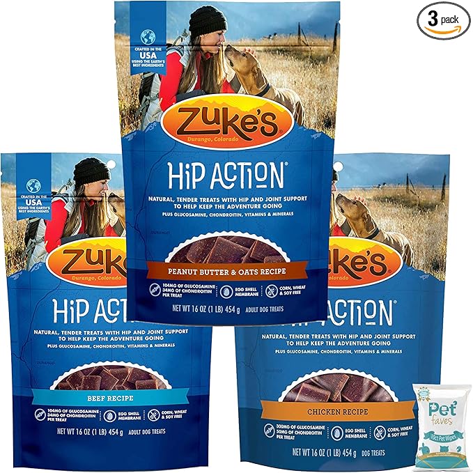 Pet Faves 3 Pack Zuke Hip Action Hip & Joint Support Treats for Dogs 3 Flavor: (1) Roasted Beef Recipe, (1) Fresh Peanut Butter Formula, and (1) Roasted Chicken Recipe (16oz Each) with 10ct Wipes