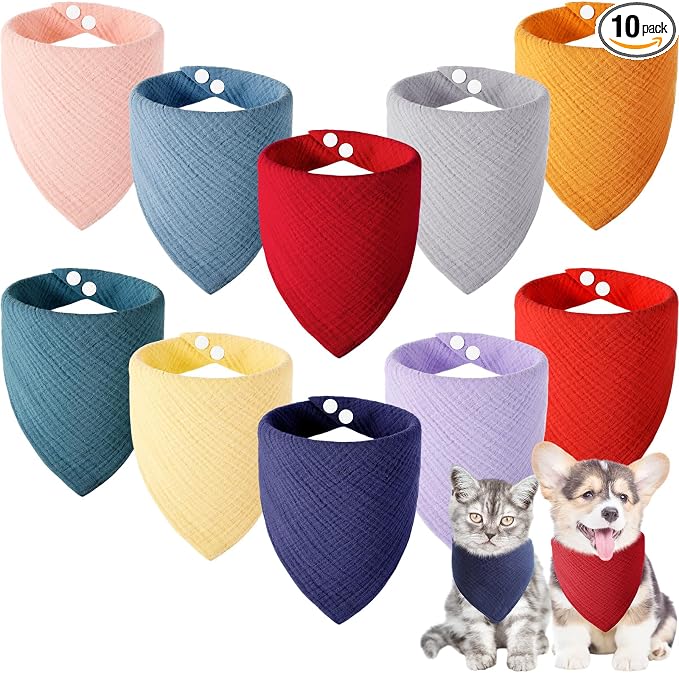 10 Pcs Muslin Cotton Triangle Dog Bandanas Reversible Pet Bibs Scarf Dog Scarves with Two Snaps Apparel Accessories Kerchief for Small to Medium Puppy Cat(Deep & Dynamic Color)