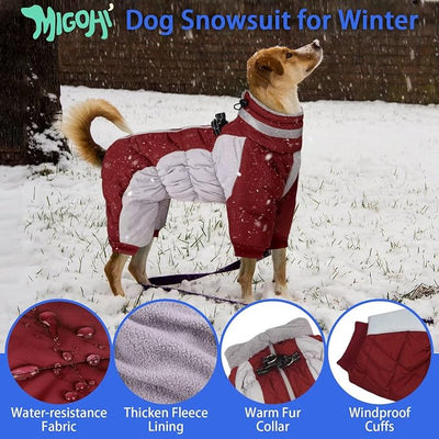 MIGOHI Full Body Dog Coat，Warm Coats for Large Dogs | Reflective Winter Coat for Dogs with Harness,Turtleneck Dog Snowsuit with Legs,Windproof Pet Fleece Puffer Jacket,XXXL,Burgundy