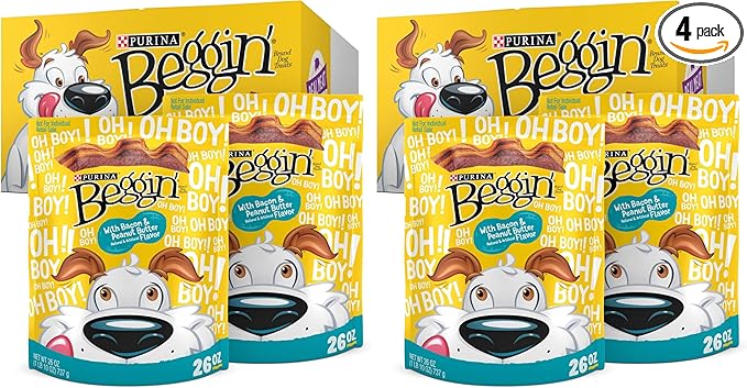 Purina Beggin' Strips with Real Meat Dog Treats,with Bacon and Peanut Butter Flavor - 26 oz. Pouches,(Pack of 4)