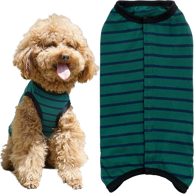 Dog’s Recovery Suit Post Surgery Shirt for Puppy, Wound Protective Clothes for Little Animals(Green Black Stripe-XXS)