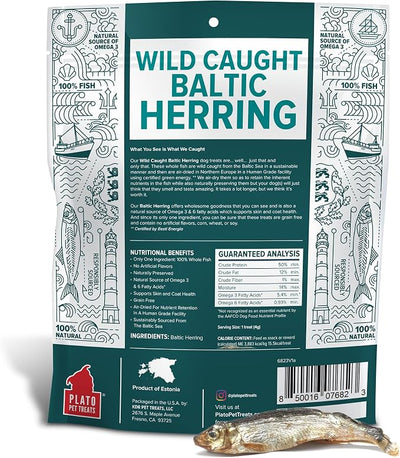 Plato Pet Treats Fish Dog Treats - Air-Dried, Single Ingredient Pet Treat - Omega 3 & 6 Fatty Acids to Support Skin and Coat - 100% Whole Fish - Wild Caught Baltic Herring - 8.5 oz - 2 Pack