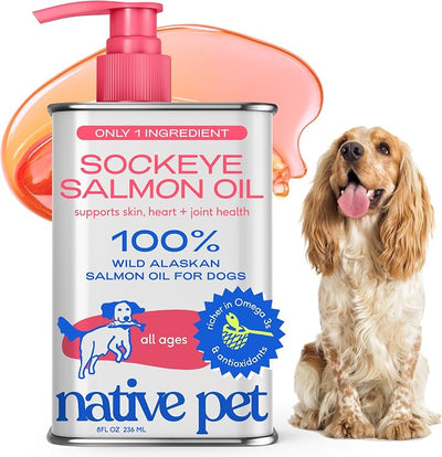 Native Pet Sockeye Salmon Oil for Dogs & Cats - Wild Alaskan Fish Oil for Dogs - Supports Strong Joints, Skin & Coat, Heart Health & Cognition - Single-Origin Pure Omega-3 EPA & DHA - 8oz
