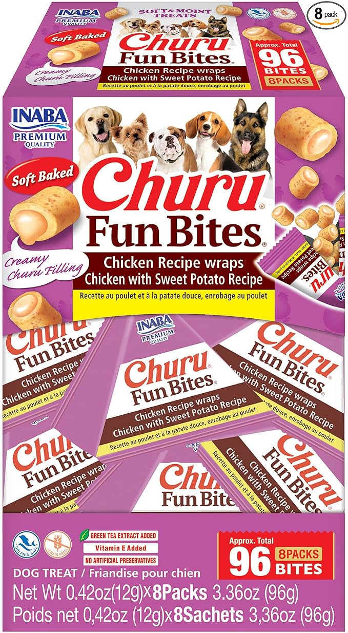 INABA Churu Fun Bites for Dogs, Soft & Chewy Dog Treats with Vitamin E, 0.42 Ounces per Tetra, 8 Tetras per Box, Chicken with Sweet Potato Recipe