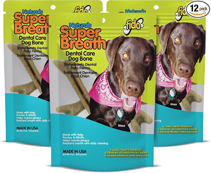 Fido Super Breath Dental Care Bones for Dogs, Large - 4 Count, Pack of 3 - Fresh Breath Dog Dental Treats for Large Dogs - Plaque & Tartar Control - Made in USA - 12 Total