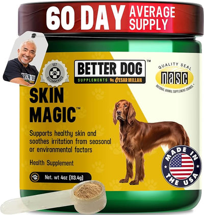 Better Dog Supplements by Cesar Millan® Skin Magic–Herbal Skin and Coat Supplement for Dogs–Skin Comfort and Coat Defense for Dogs, Normal Response to Seasonal Irritants–4oz, 60-Day Supply