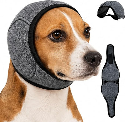 Noise Cancelling Ear Wrap,Quiet Dogs Calming Hoodie,Waterproof Dog Calming Hood,Dog No Shake Ear Muffs Noise Protection Firework Thunder Vacuum,Adjustable for Grooming Bathing & Swimming (Grey-M)