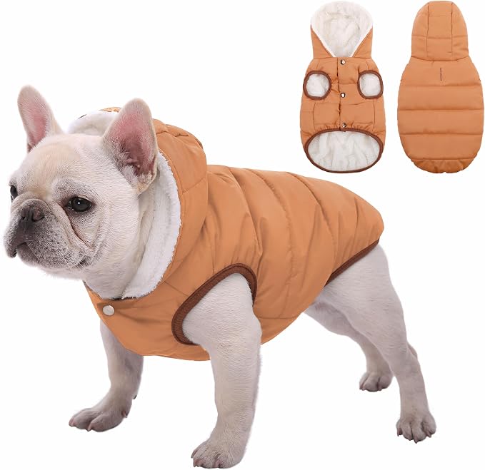 SAWMONG Waterproof Dog Winter Coat, Warm Fleece Lined Dog Jacket with Hood, Windproof Puppy Coat, Pet Apparel Vest Outdoor&Indoor Winter Activities(Khaki,XL)