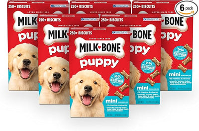 Milk-Bone Crunchy Puppy Dog Treats for Puppies, 16 Oz. Boxes, Milk-Bone Mini’s Crunchy Mini Dog Treats, 16 Oz. Boxes, Original Beef Flavor (Pack of 6)