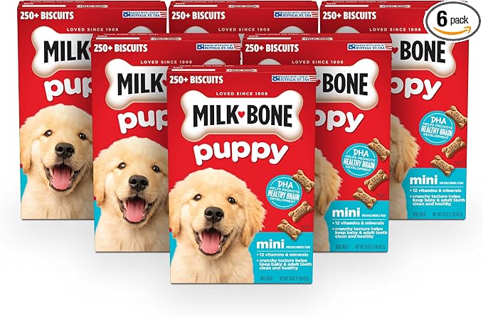 Milk-Bone Crunchy Puppy Dog Treats for Puppies, 16 Oz. Boxes, Milk-Bone Mini’s Crunchy Mini Dog Treats, 16 Oz. Boxes, Original Beef Flavor (Pack of 6)