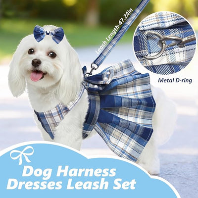 Dog Dress Bowknot Harness Leash Set for Small Dogs Girl Cute Plaid Dog Dress Pearls Bow Tie Spring Summer Princess Clothes Birthday Holiday Doggie Outfits for Puppy Cats Girl (Purple, Medium)
