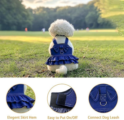 1 Pcs Cute Dog Dress Puppy Clothes with Bownot for Female Girl Small Dogs Outfits Harness for Outdoor Walking Birthday Party Denim Skirt XS