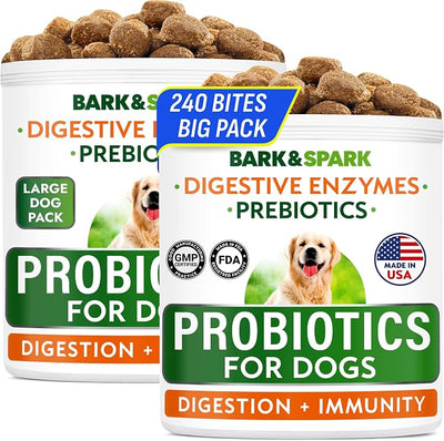 BARK&SPARK Dog Probiotics & Digestive Enzymes (Gut Health) Allergy & Itchy Skin - Pet Diarrhea Gas Treatment Upset Stomach Relief, Digestion Health Prebiotic Supplement Large Dog Treats (240Ct Bacon)