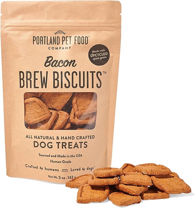 Portland Pet Food Company Bacon Brew Biscuits – Crunchy Limited Ingredient Dog Treats Made with Upcycled Spent Grain, Protein & Fiber Rich Training Treats for Dogs, USA Made, 1 Pack (5 oz Bag)