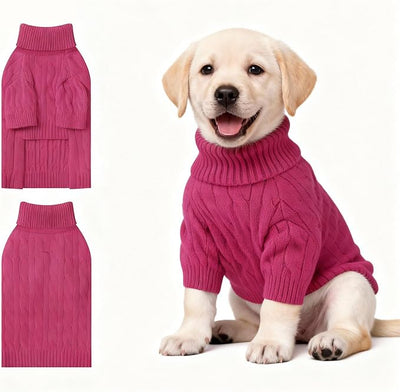 Small Dog Thermal Pullover Sweater, Classic Turtleneck Cable Knitwear Dog Clothes for Cold Weather Warm Pet Clothes for Chihuahua, Bulldog, Dachshund, Pug Hot Pink X-Large