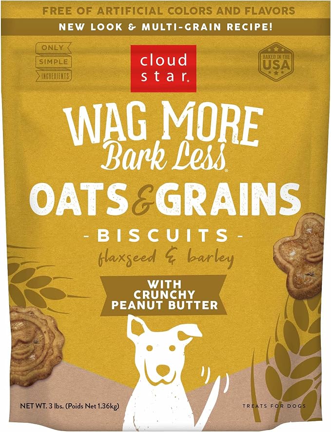 Cloud Star Wag More Bark Less - Dog Treats - Crunchy Biscuits - Oats & Grains Peanut Butter - 3 lb Pouch