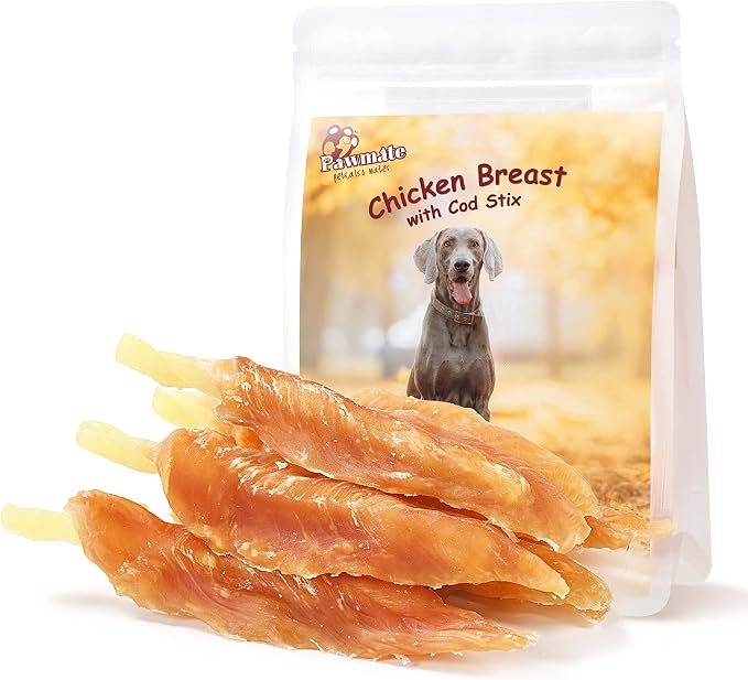 Pawmate Dog Treats Chicken Tender Wrapped Cod Sticks, Rawhide-Free High Protein Dog Jerky Soft Chews, Healthy Training Snacks for Small Medium Large Dogs, 9-10 Counts, 10.6 oz