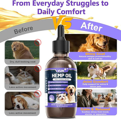 Hemp Oil for Dogs & Cats Anxiety & Stress Relief Drops with Omega 3-6-9,Hemp Oil Helps with Pain, Stress, Sleep, Arthritis, Seizures Support, Pet Calming Trеats Supplement for Small & Large Pets