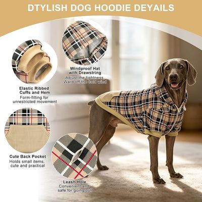 EXPAWLORER Plaid Dog Hoodie - British Style Warm Dog Sweater Shirt with Leash Hole,Pitbull Clothes Outfits,Winter Coat Apparel for All Breeds Puppy Girl Boy-Cat Apparel,Beige XX-Large