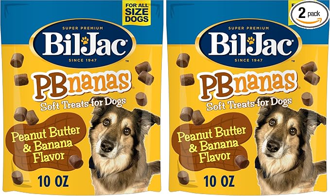Bil-Jac PBnanas Soft Treats for Dogs - Puppy Training Treat Rewards, 10oz Resealable Double Zipper Pouch, Peanut Butter & Banana Flavor Chicken Liver Dog Treats (Pack of 2)
