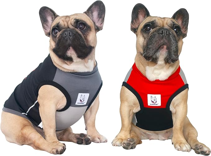 iChoue 2pcs French Bulldog Summer Cooling Shirt for Dogs UV Sun Protection Vest Sleeveless Breathable Tank Top English Pug Black Red Grey - Large