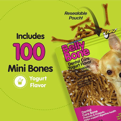 Fido Belly Bones for Dogs, Mini - 100 Count - Yogurt-Flavor Dental Treats for Small Dogs - Plaque & Tartar Control for Fresh Breath - Digestive Support - Made in USA
