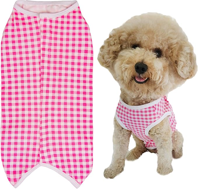 Dog’s Recovery Suit Post Surgery Shirt for Puppy, Wound Protective Clothes for Little Animals(Pink White Plaid-XXS)