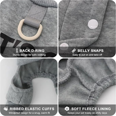 Warm Dog Winter Coat with Built-in Leash Ring, Fleece 4-Legged Sweatshirt Jumpsuit, Cute Let's Go Print Puppy Clothes for Small Dogs Boy Girl, Cold Weather Outfit