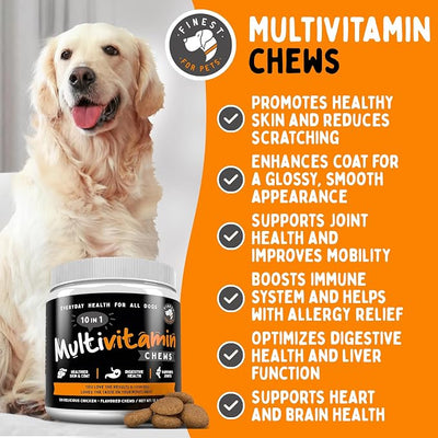 Finest For Pets Multivitamin Dog Supplement – 10 in 1 with Omega Fish Oil & Glucosamine for Improved Joint & Skin Support, Gut, Digestion & Immune Everyday Health (120 Chewable Treats)
