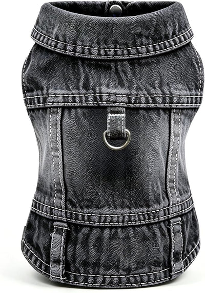 Dog Jean Jacket, Blue Denim Shirt Classic Lapel Vest Coat Costume Puppy T-Shirt, Comfort Tank Top Cool Apparel, Washed Pet Clothes for Dogs Boy Girl (Black with D-Ring, Medium)