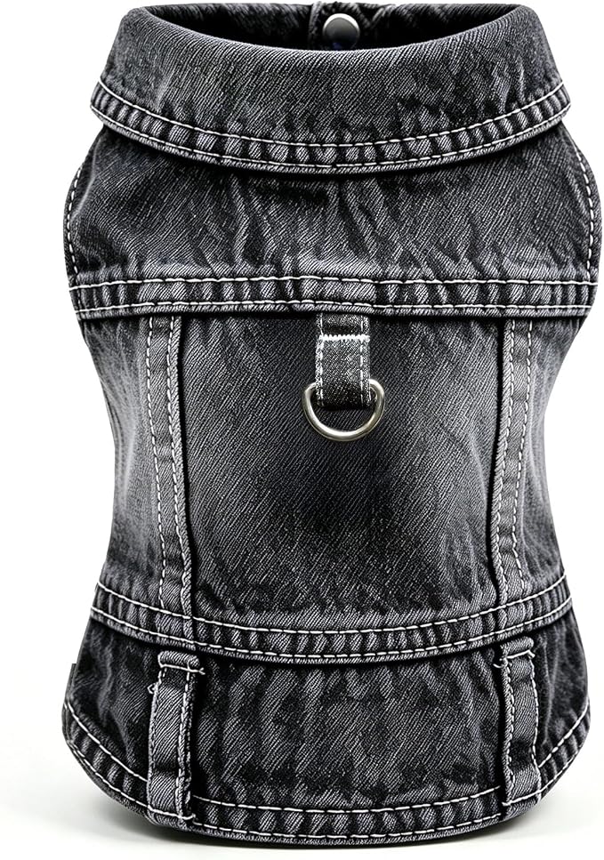Dog Jean Jacket, Blue Denim Shirt Classic Lapel Vest Coat Costume Puppy T-Shirt, Comfort Tank Top Cool Apparel, Washed Pet Clothes for Dogs Boy Girl (Black with D-Ring, Small)