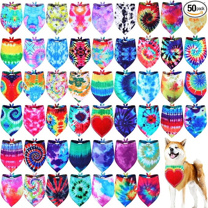 Silkfly 50 Pcs Summer Tie Dye Dog Bandanas Bulk Pet Scarf Grooming Salon Colorful Triangle Washable Male and Female Dog Bib Neckerchief for Puppy Large Pet Birthday Party Decor(X-Large)
