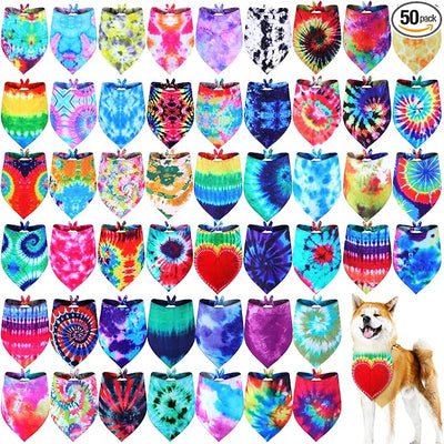 Silkfly 50 Pcs Summer Tie Dye Dog Bandanas Bulk Pet Scarf Grooming Salon Colorful Triangle Washable Male and Female Dog Bib Neckerchief for Puppy Large Pet Birthday Party Decor(X-Large)