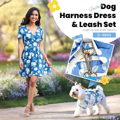 ABRRLO Cute Dog Dress Small Dog Clothes for Girls Female Puppy Outfits Blue Daisy Pet Summer Clothes Bowknot Doggy Cat Princess Dress Harness Set for Holiday Birthday Party Costume Clothing (Blue,L)