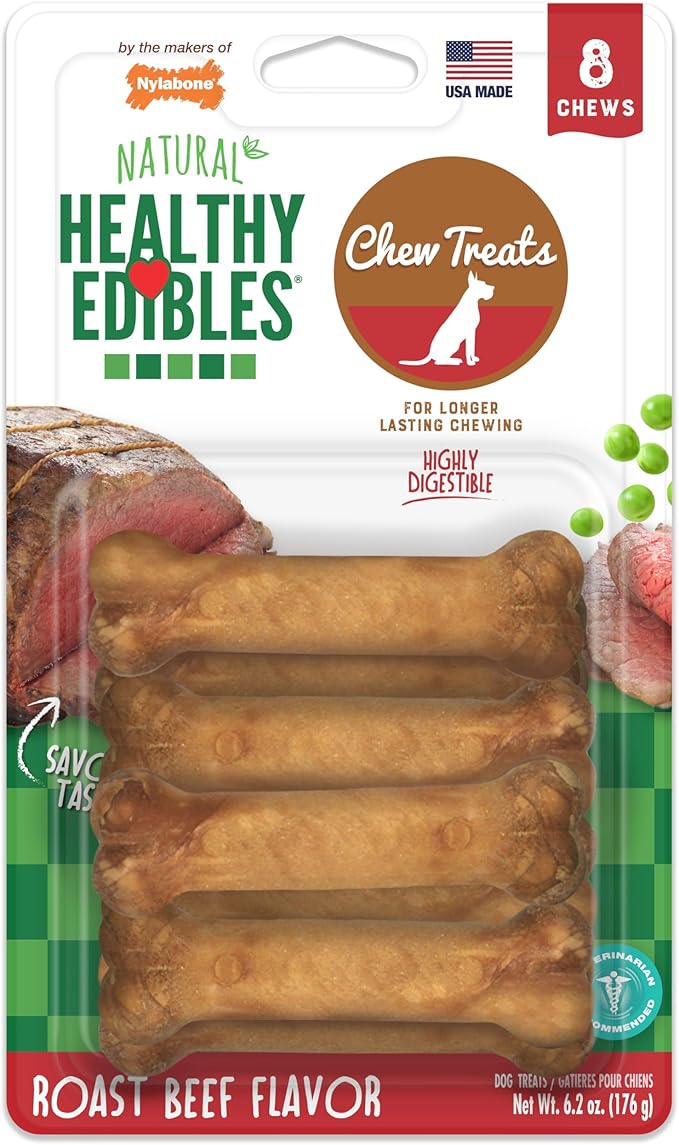 Nylabone Healthy Edibles Natural Chews, Long Lasting Dog Bones, Healthy Dog Treats, Roast Beef Flavor, X-Small (8 Count)