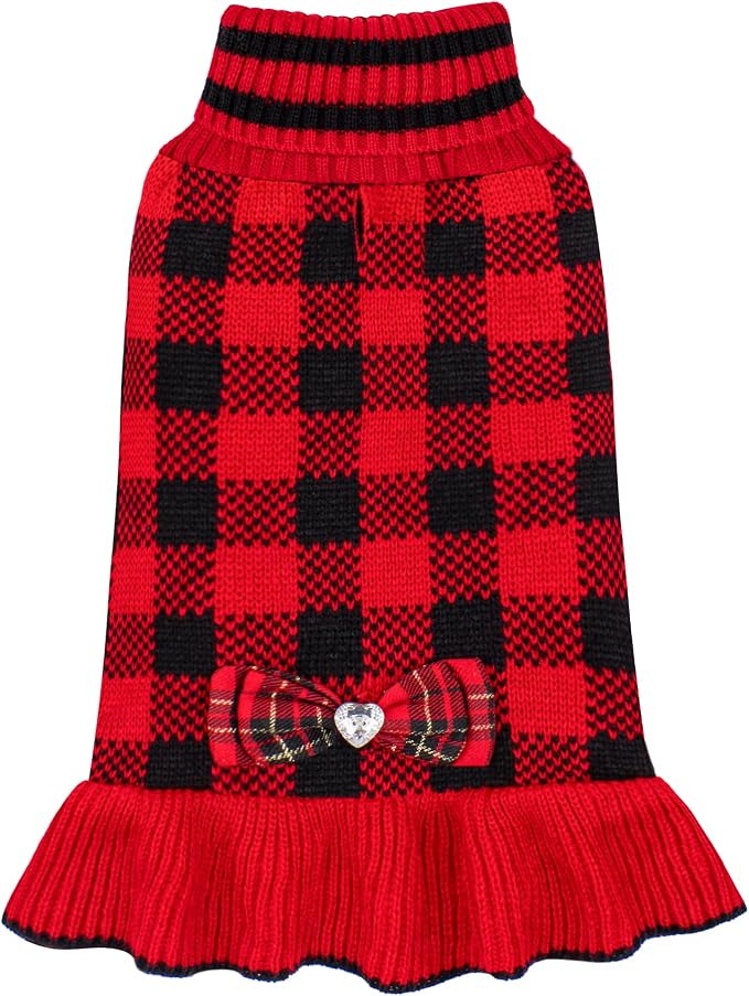 KYEESE Dog Christmas Sweater Dress with Bowtie Checkered, Turtleneck Dog Sweater for Small Dogs Girl with Leash Hole, Holiday Warm Pet Sweaters Dress, Red, Small