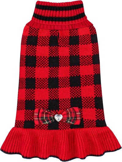 KYEESE Dog Christmas Sweater Dress with Bowtie Checkered, Turtleneck Dog Sweater for Small Dogs Girl with Leash Hole, Holiday Warm Pet Sweaters Dress, Red, X-Large