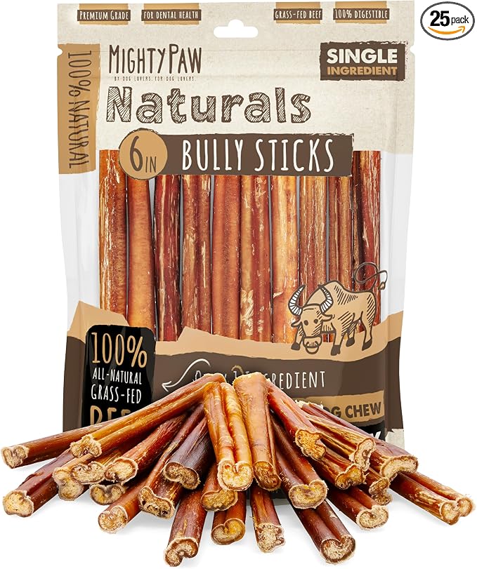 Mighty Paw Naturals Bully Sticks for Dogs - Grass Fed Beef Dog Chews. Pets Stick for Large Dogs, Medium and Small Breeds. Lower Odor Bully Treats for Small Pets. Single Ingredient (6" - 25 Pack)