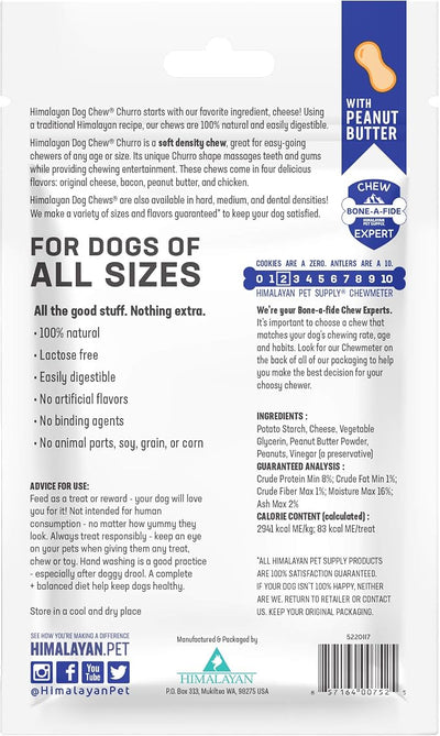Himalayan Dog Chew Churro Yak Cheese Dog Chews, 100% Natural, Long Lasting, Gluten Free, Healthy & Safe Dog Treats, Lactose & Grain Free, Protein Rich, Real Peanut Butter Flavor, 4 Churros Per Pouch