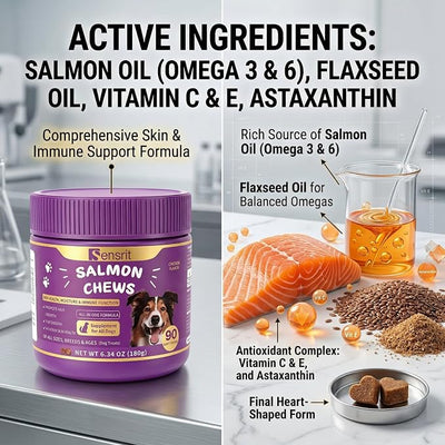 Salmon Oil Chews for Dogs - Omega 3 & 6 Skin and Coat Support with Astaxanthin, Vitamin C & E - 90 Soft Chews - Relief for Itchy Skin, Seasonal Allergies & Shedding - for All Breeds & Ages