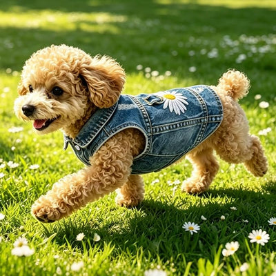 Dog Jean Jacket, Blue Denim Shirt Classic Lapel Vest Coat Costume Puppy T-Shirt, Comfort Tank Top Cool Apparel, Washed Pet Clothes for Dogs Boy Girl (Daisy Bloom with D-Ring, XX-Large)