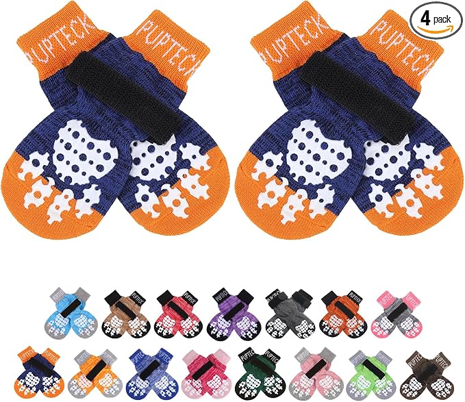 PUPTECK Anti-Slip Dog Socks with Double Sides Grips for Small Medium Large Dogs Hardwood Floors Prevents Licking, Dog Shoes for Hot Pavement Traction Control for Senior Dogs, Dark Blue, L
