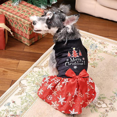CuteBone Christmas Dog Dresses Velvet Holiday Small Dogs Clothes Onesie Pet Apparel Girl Puppy Skirt with Bow Hair Rope