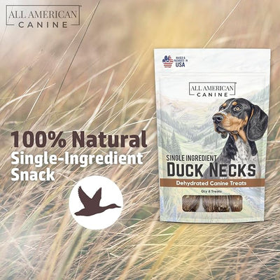 All American Canine 6 Natural Duck Neck Dog Treats – Single Ingredient, Dehydrated & Chewy – Low-Fat, High-Protein Training Reward – Made in USA