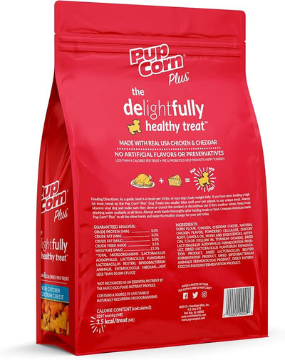 Pup Corn Plus - Puffed Dog Treats with Preiotics and Probiotics - Chicken & Cheddar Cheese, (8oz)