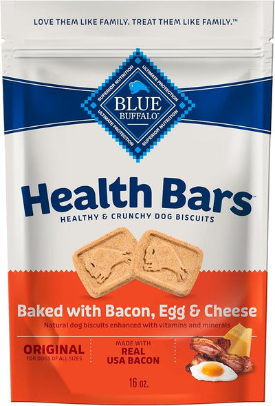 Blue Buffalo Health Bars Bacon, Egg & Cheese Crunchy Dog Biscuits, Oven-Baked with Real Bacon & Natural Ingredients, Healthy Dog Treats with No Artificial Flavors or Preservatives, 16 oz.